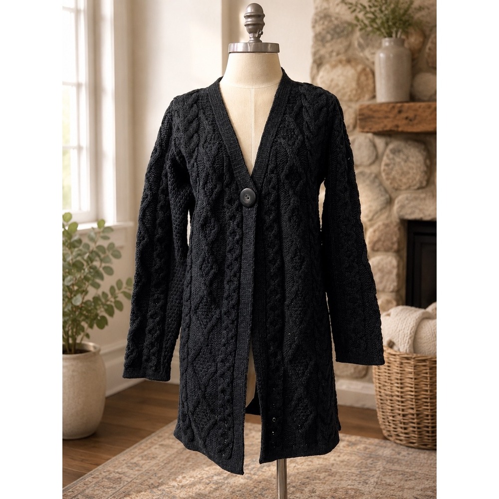 Aran Crafts 100% Merino Wool Cable Knit Longline Cardigan Sweater XS Ireland